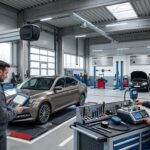 Pohled do modern&iacute;, čist&eacute; a technicky vyspěl&eacute; haly autoservisu a testovac&iacute;ho centra. Dva technici v &scaron;ed&yacute;ch pracovn&iacute;ch oblec&iacute;ch obsluhuj&iacute; specializovan&aacute; měřic&iacute; zař&iacute;zen&iacute;. V popřed&iacute; vlevo je technik u pokročil&eacute;ho laserov&eacute;ho 3D syst&eacute;mu pro měřen&iacute; geometrie kol (velk&yacute; sloup s rameny a kamerami), kter&yacute; je nastaven kolem hněd&eacute;ho sedanu &Scaron;koda Superb. Vpravo v popřed&iacute; pracuje druh&yacute; technik u mobiln&iacute;ho stolu s kalibračn&iacute; stanic&iacute;, kde kontroluje digit&aacute;ln&iacute; tlakoměr a dal&scaron;&iacute; měřidla. V pozad&iacute; jsou vidět dal&scaron;&iacute; vozidla, zved&aacute;ky a diagnostick&aacute; technika pod stropem s monitory.