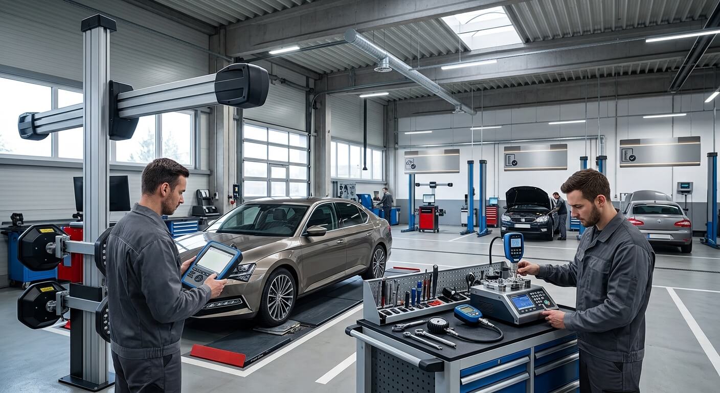 Pohled do moderní, čisté a technicky vyspělé haly autoservisu a testovacího centra. Dva technici v šedých pracovních oblecích obsluhují specializovaná měřicí zařízení. V popředí vlevo je technik u pokročilého laserového 3D systému pro měření geometrie kol (velký sloup s rameny a kamerami), který je nastaven kolem hnědého sedanu Škoda Superb. Vpravo v popředí pracuje druhý technik u mobilního stolu s kalibrační stanicí, kde kontroluje digitální tlakoměr a další měřidla. V pozadí jsou vidět další vozidla, zvedáky a diagnostická technika pod stropem s monitory.
